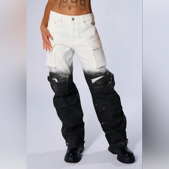 New Akira Cool Girl White To Black Spray Paint Stretch Denim Jeans Cargo Pants S - Picture 1 of 5